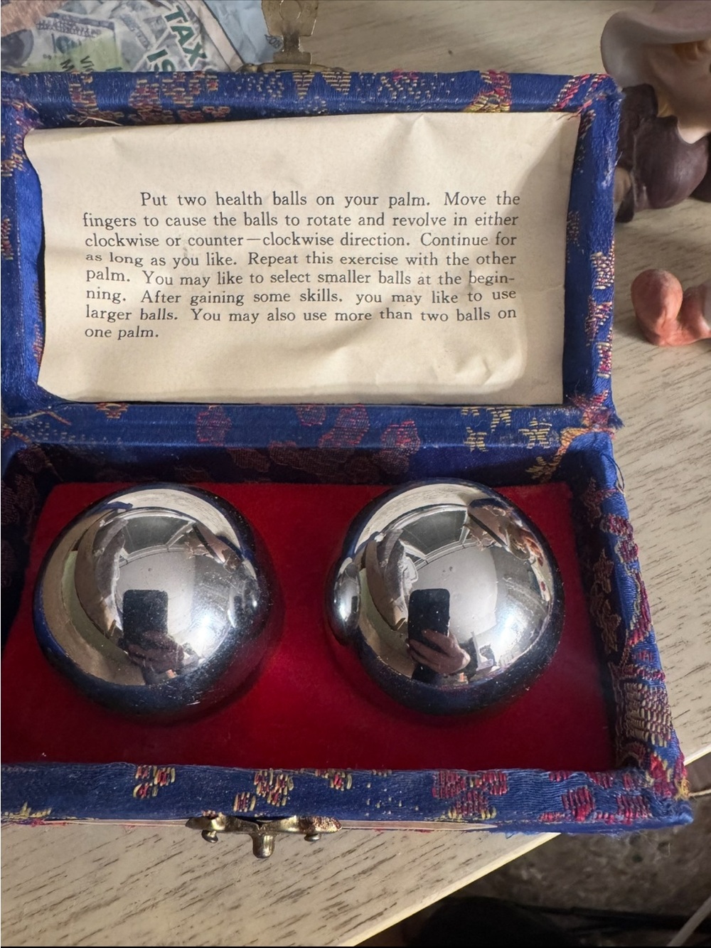Vintage Chinese Health Baoding Balls in Silk Brocade Box-Metal Stress Balls